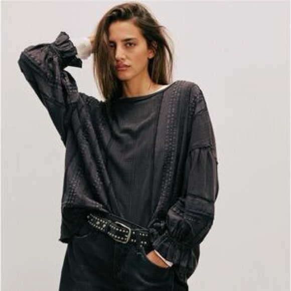 We The Free Tops - We The Free Dark Gray Blouse with Puff Sleeves
